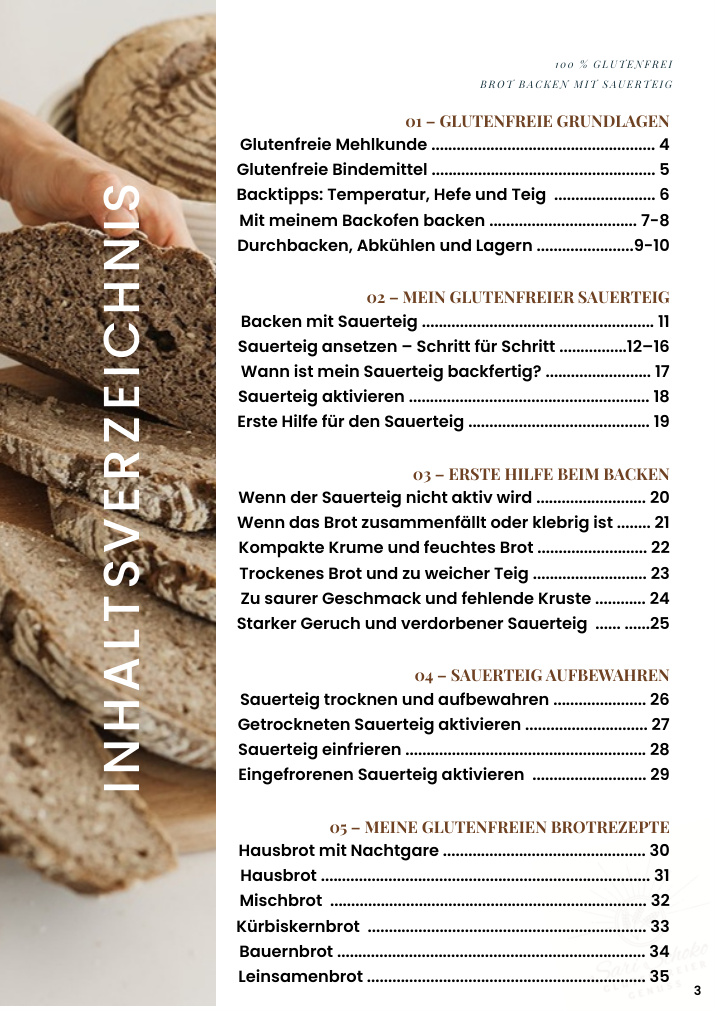 Einblick ins Inhaltsverzeichnis mit Grundlagen, Sauerteig-Anleitung und Brotrezepten